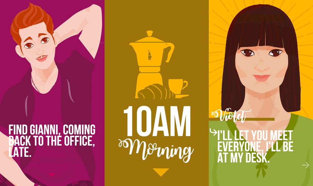 Three panels. On the left, a masculine character with the text 'find Gianni, coming back to the office, late.' In the middle, a coffee pot with text below that says '10am morning'. On the right, a feminine figure called 'Violet' with the text 'I'll let you meet everyone, I'll be at my desk.'